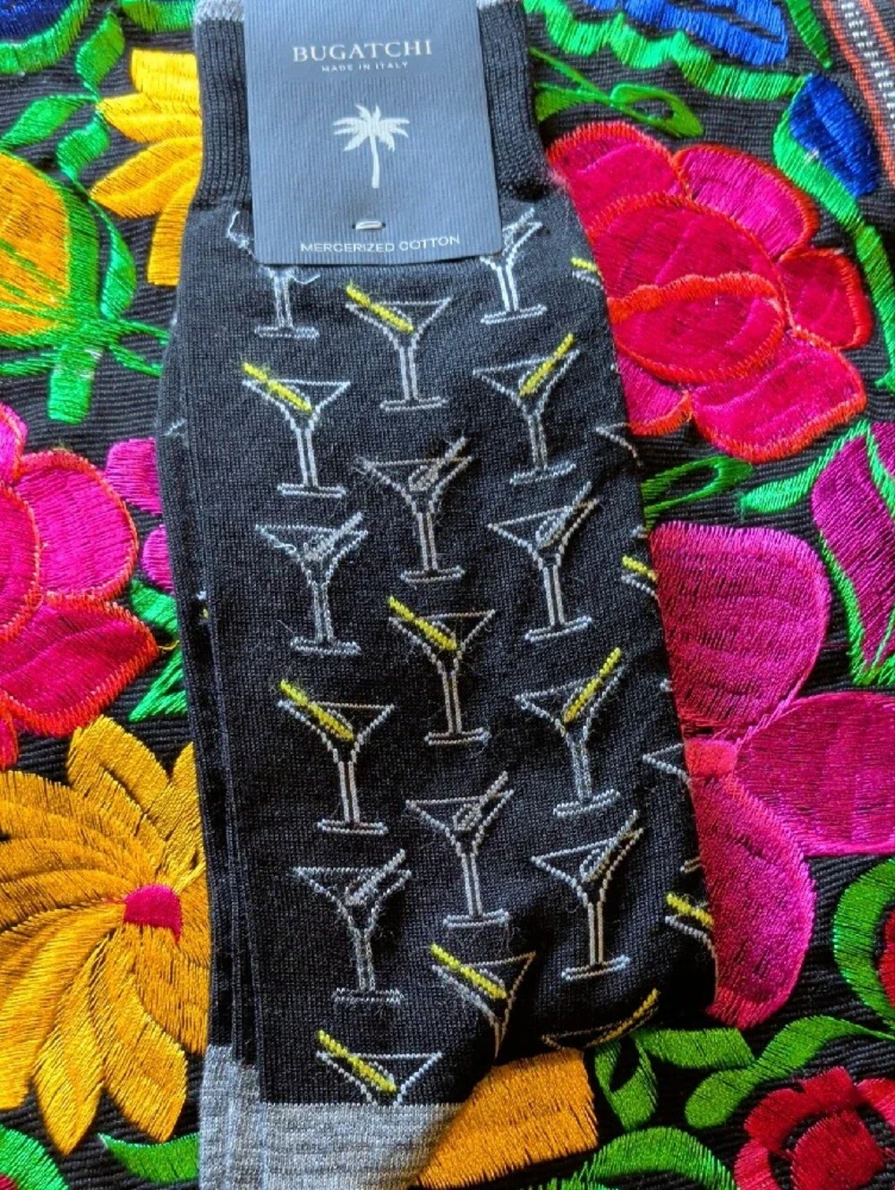 Bugatchi Black Socks with Gray Toe and Yellow Martini Detail